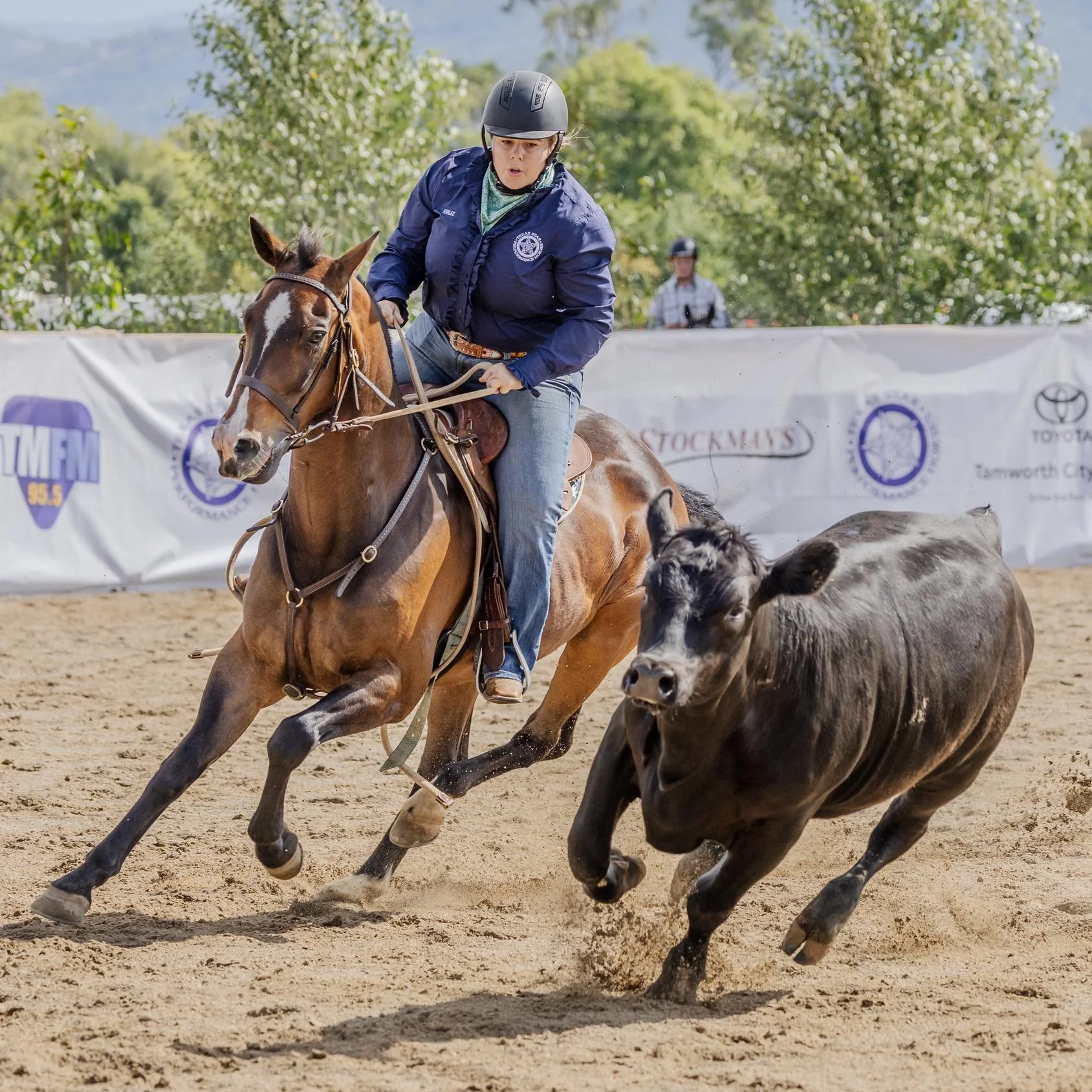 A person riding a horse in a rodeo event, attempting to steer a calf on a dirt arena with trees and banners in the background.