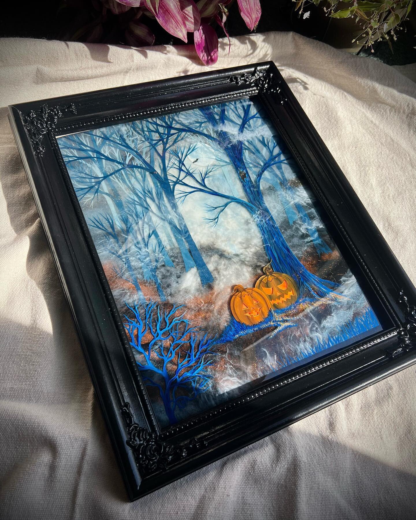 This pumpkin painting was a fun one to create. There are multiple layers of resin, I lost count. Just went to its new home in California. ☺️🎃💕 message or comment if you are interested in a custom piece. 

&ldquo;Spooky Delight&rdquo;
Resin &amp; Ac
