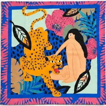 Foulard Salvaje Studio Arde, illustration léopard et jungle.
