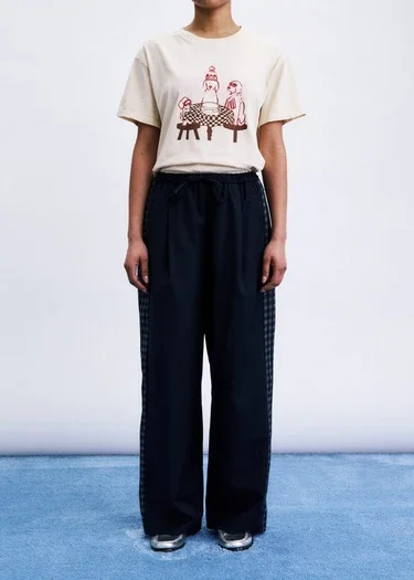 Pantalon Jirisan FRNCH Paris marine coupe wide leg avec bande à carreaux