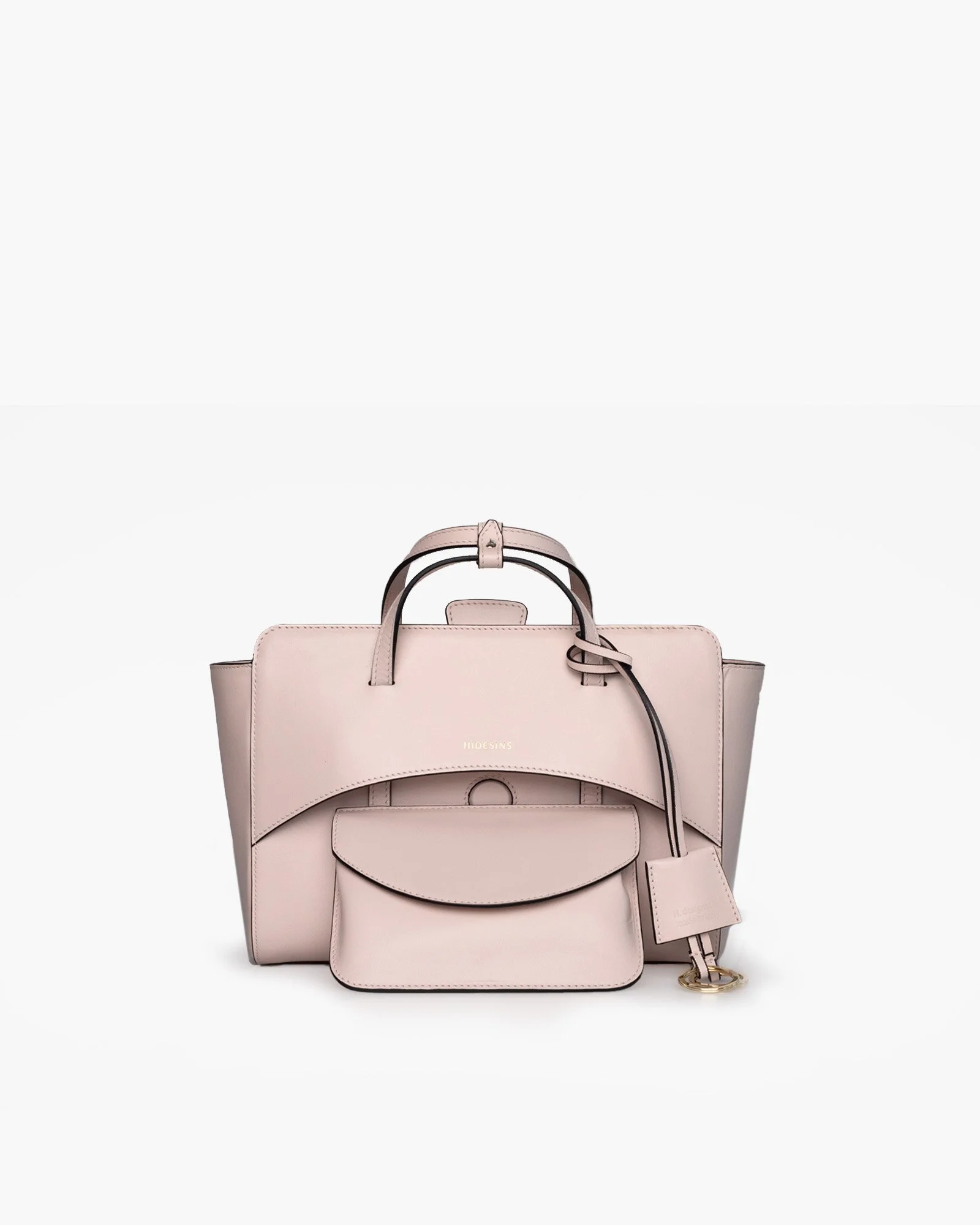 Sac à main structuré cuir de veau lisse coloris Rose Cipria, fond blanc minimaliste