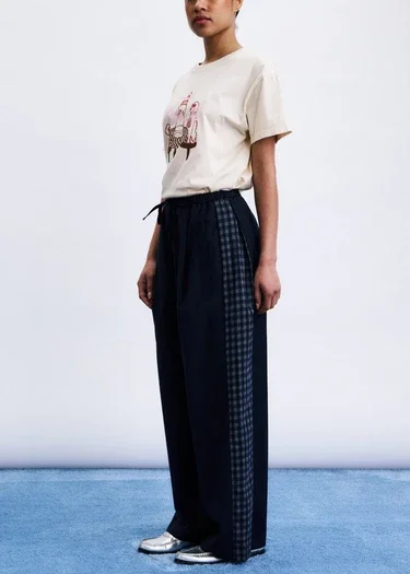 Pantalon femme Jirisan FRNCH Paris marine avec bande contrastée gris à carreaux