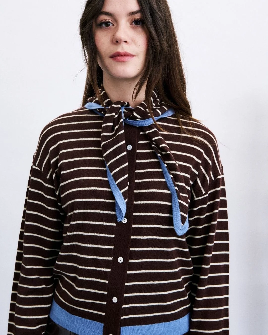 Set Cardigan & Écharpe Kastro Rayé Marron & Bleu Ciel, Frnch Paris