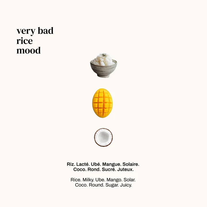 Flacon de parfum Very Bad Rice, notes solaires et sucrées.