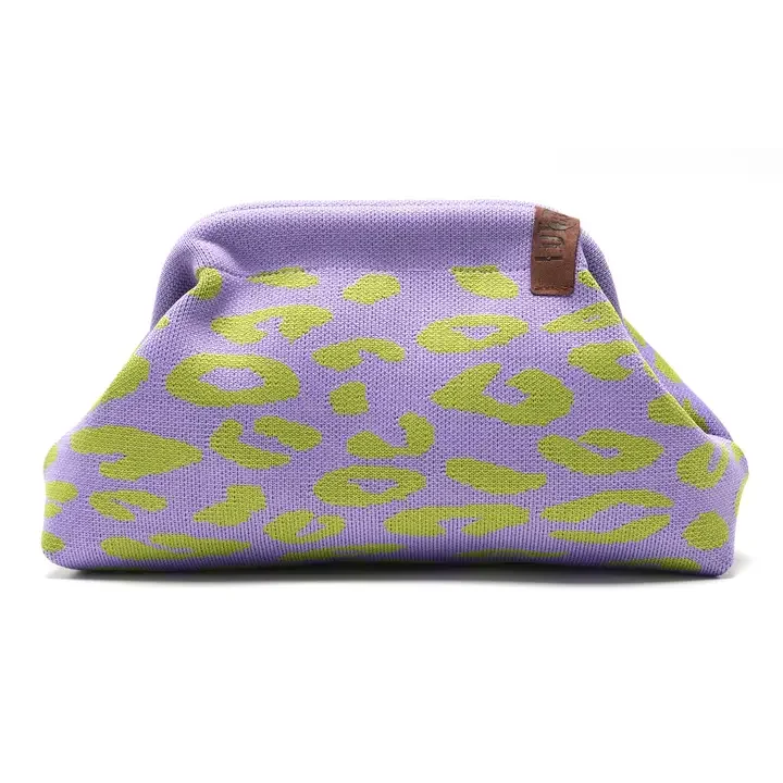 Pochette Emma en polystester effet cluch, leopard de couleur violet et vert