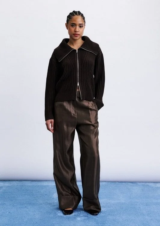 Cardigan zippé FRNCH Kerkis marron maille côtelée vue de face