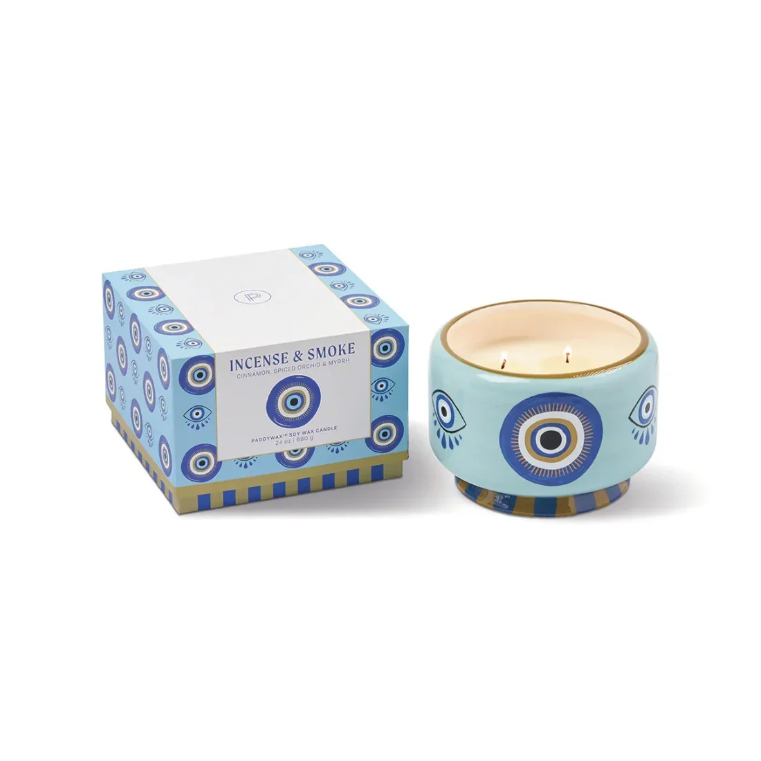 Bougie Encens & Feu Paddywax, trois mèches allumées.
