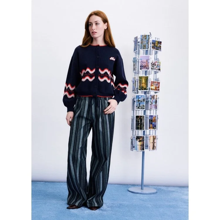 Cardigan FRNCH Roadtrip marine motif vagues vue de face