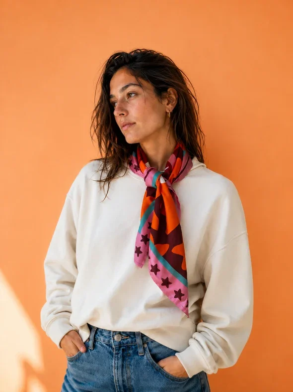 Foulard carré en satin imprimé, motif équestre esprit western.