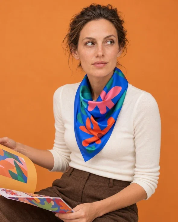 Foulard carré en satin imprimé, motif floral lumineux.