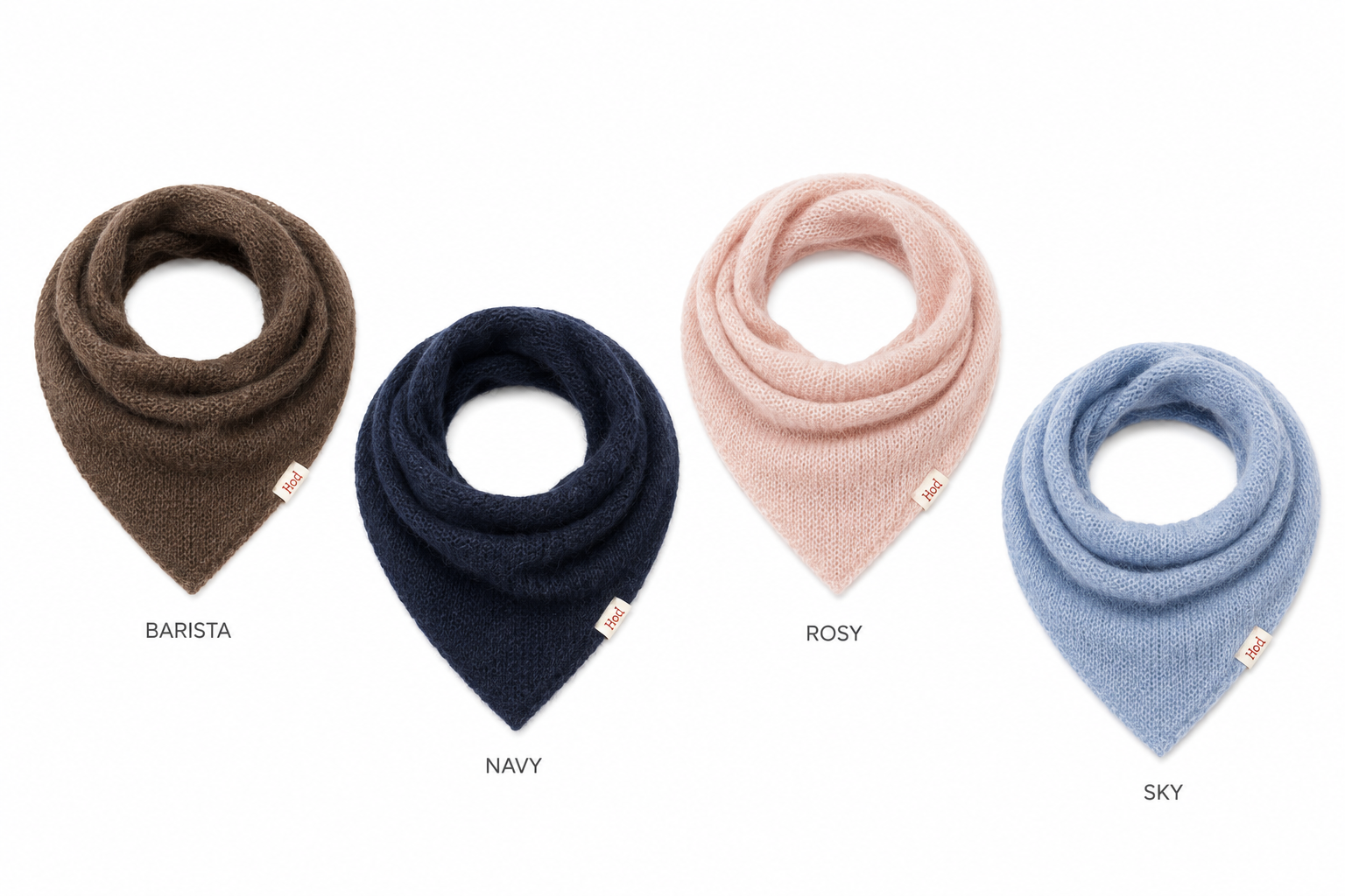 Bandana Patti en maille mohair, coloris Barista et Rosy.