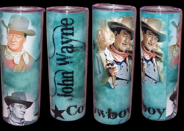 20 oz stainless steel travel tumbler featuring iconic John Wayne cowboy scenes. Keeps drinks hot or cold for hours. Perfect gift for fans of the Duke