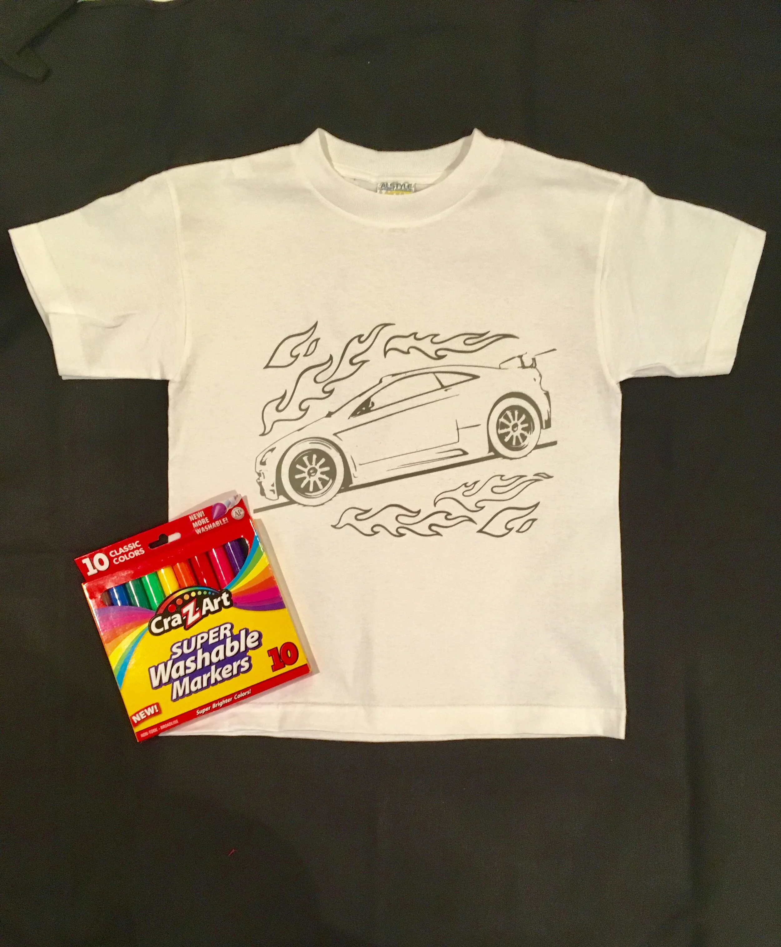 Race Car Color Me Youth Art T-Shirt with washable markers