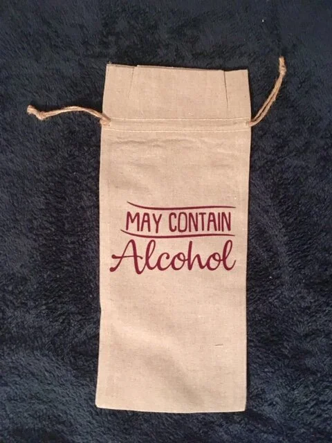 May Contain Alcohol Wine Bag with Jute Drawstrings