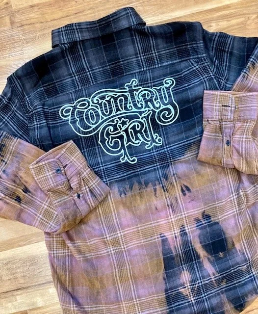 Unique distressed bleached Country Girl button down oversized flannel shirt