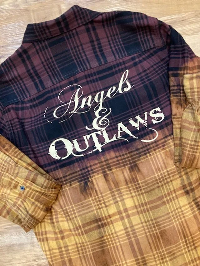 One-of-a-kind bleached "Angels and Outlaws" inspirational, high quality, affordable button down, two pocket distressed flannel shirt.