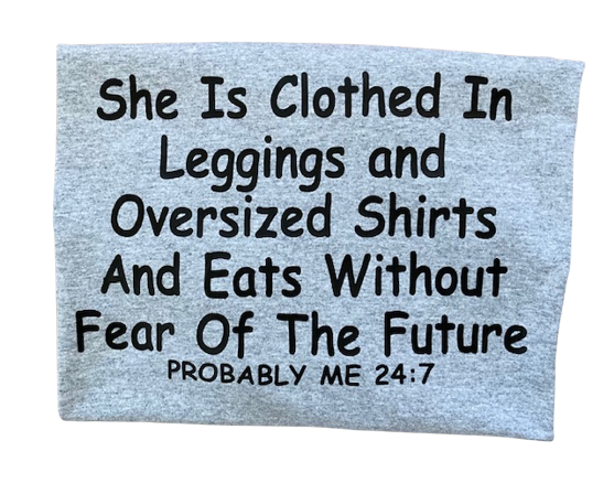 She is clothed in leggings t-shirt