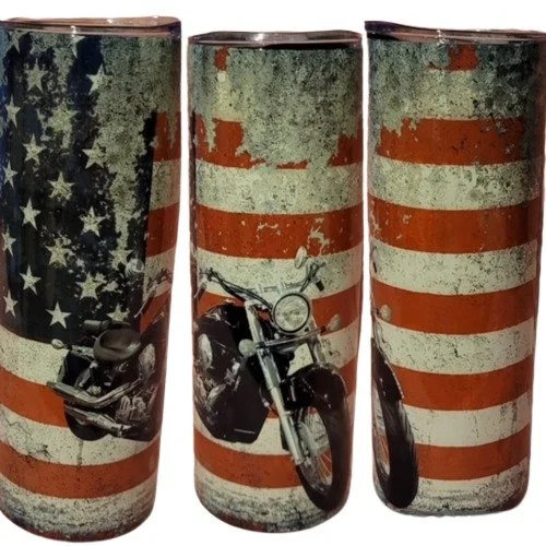 American Flag with Motorcycle 20 ounce Drinking Travel Glass Tumbler Cup with straw