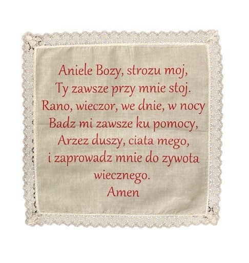 Guardian Angel of God Prayer in Polish decorative white cotton lace trim Ladie’s handkerchief