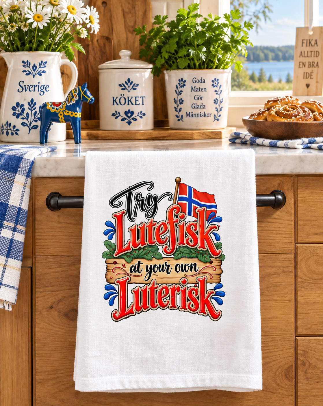 funny Norwegian kitchen towel for lutefisk lovers