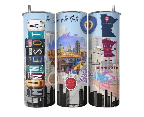 Show off your Minnesota pride with this stainless steel tumbler featuring highlights of the state. Perfect for keeping drinks hot or cold on the go. A great gift for Minnesota lovers!