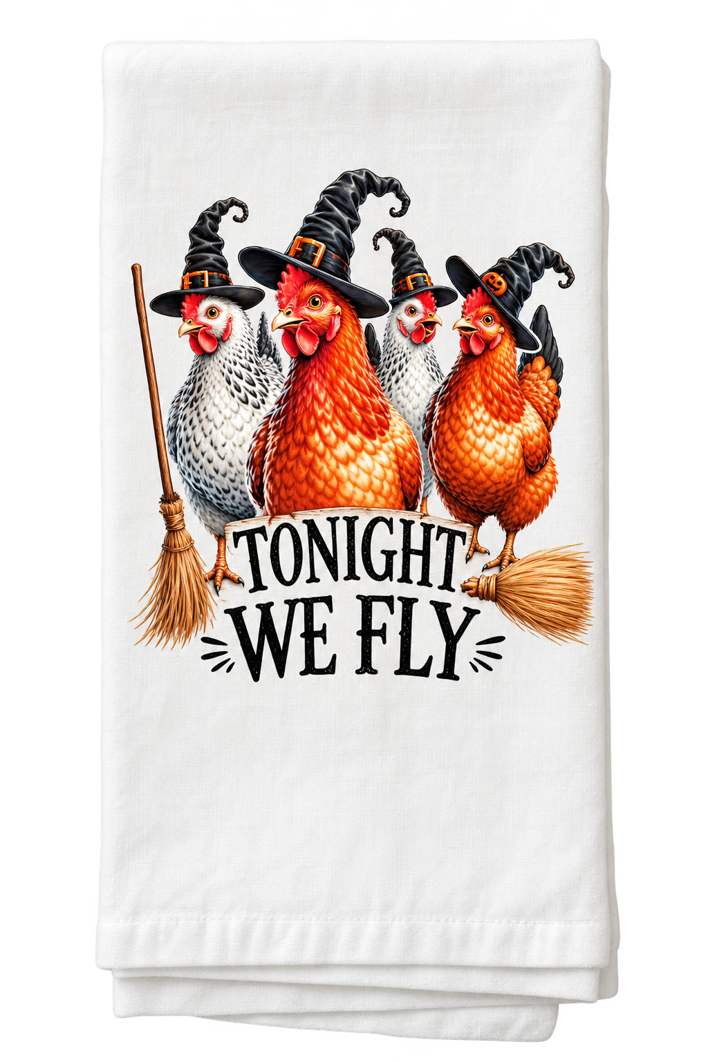Tonight We Fly white Halloween flour sack kitchen towel with four chickens wearing witch hats and broomsticks