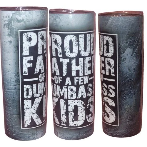 Make dad laugh with this 20 oz stainless steel tumbler featuring 'Proud Father of a Few Dumbass Kids.' Insulated, durable, and perfect for hot or cold drinks