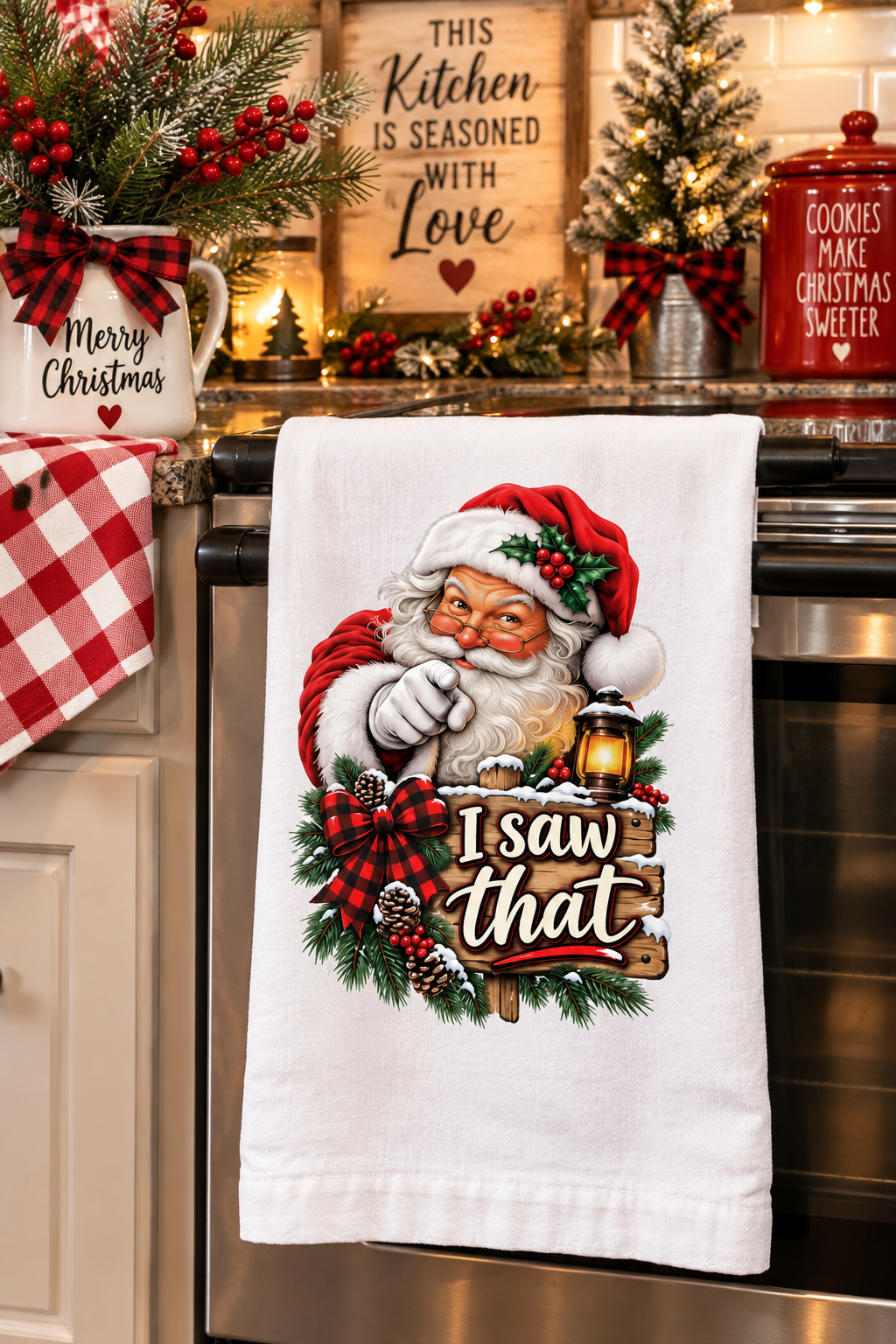 Santa “I Saw That” Christmas Flour Sack Kitchen Towel | Funny Santa Kitchen Decor