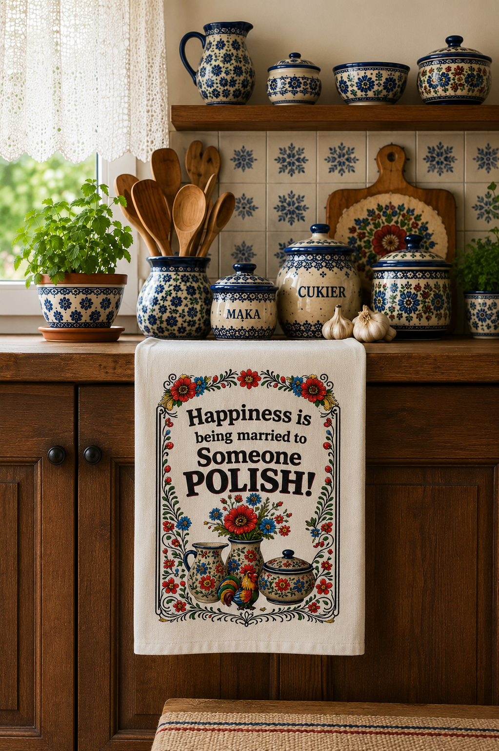 Happiness Is Being Married to Someone Polish Flour Sack Kitchen Towel | Polish Kitchen Decor | Polish Heritage Gift | Polish Tea Towel