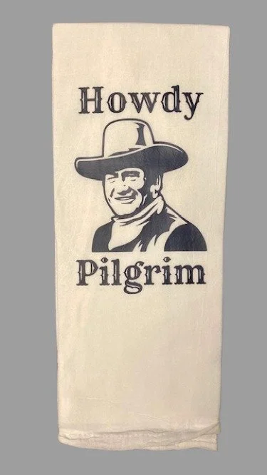 Howdy Pilgrim -Kitchen towel gray background .jpg