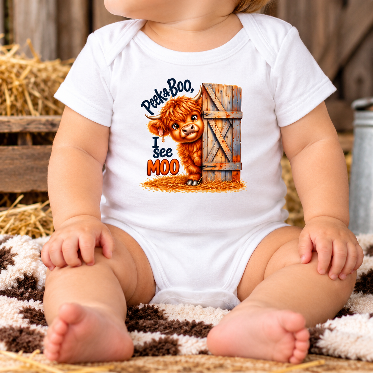 Baby wearing a white Highland cow Peekaboo I See MOO bodysuit in a rustic farmhouse setting, showing the colorful front design.