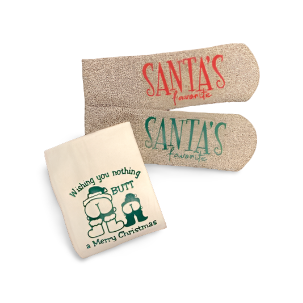 Santa’s Favorite Thermal Socks and Holiday Flour Sack Kitchen Towel Gift Set
