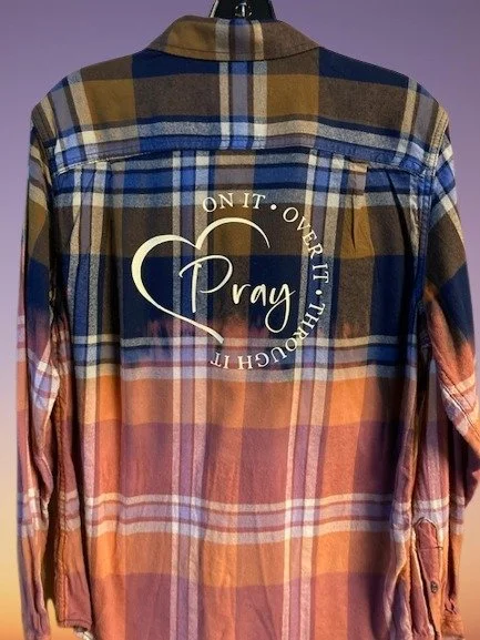 Trendy distressed bleached flannel with faith-based message
