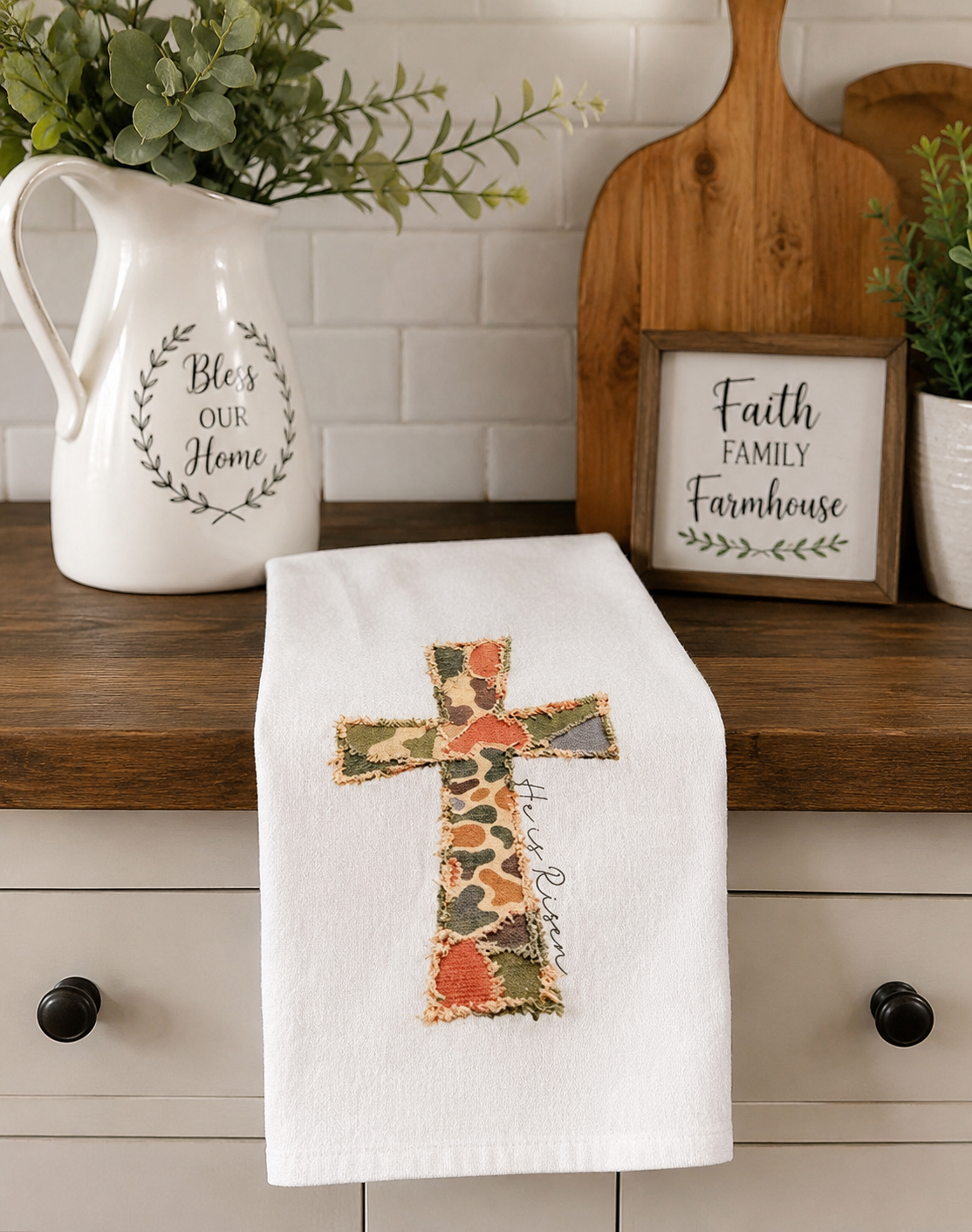 Camo cross He is Risen flour sack towel .png