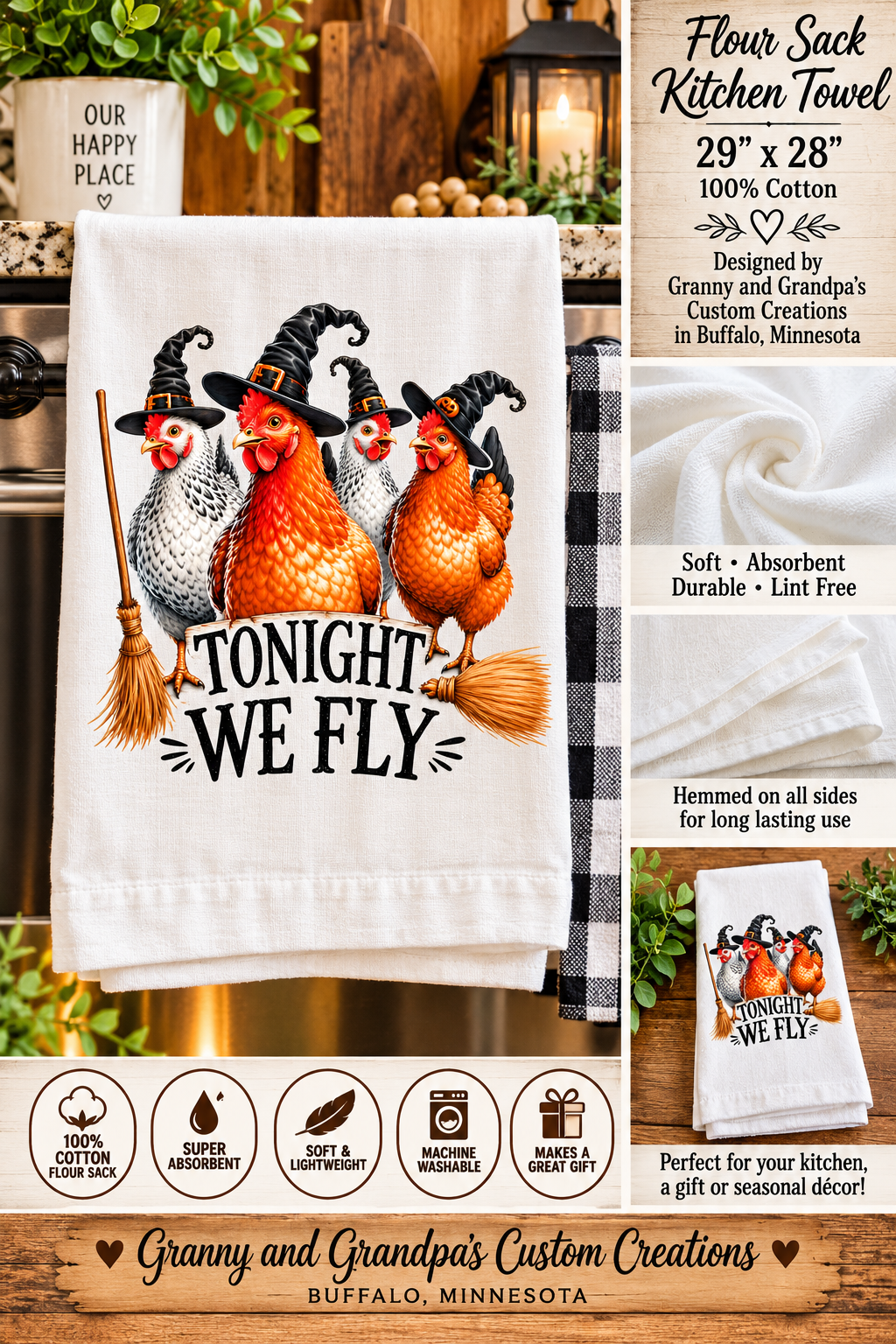 Tonight We Fly Halloween chicken flour sack towel displayed in a farmhouse kitchen