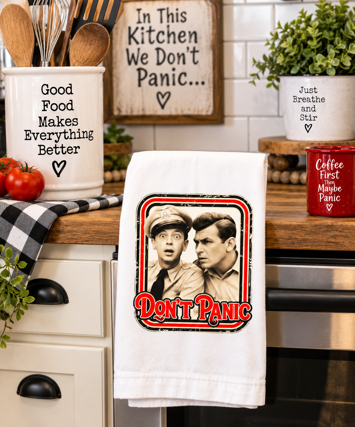 Don’t Panic Retro TV Comedy Flour Sack Kitchen Towel | Funny Small-Town Lawmen Towel