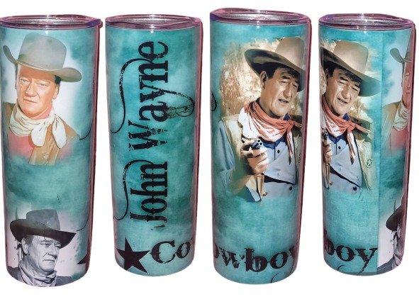 Celebrate the legend of John Wayne with this 20 oz stainless steel travel tumbler, featuring iconic cowboy scenes.