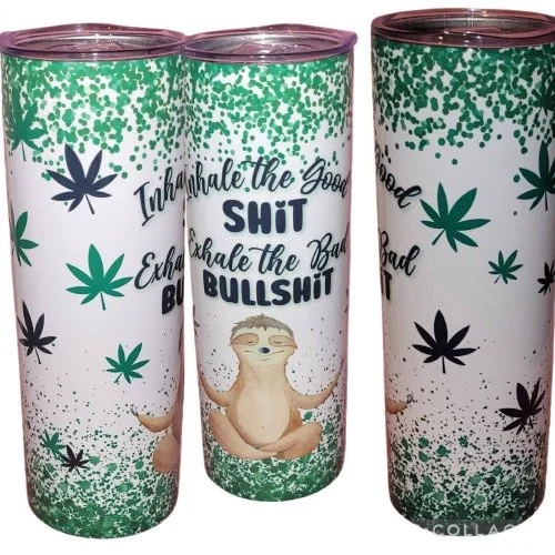 20 oz stainless steel travel tumbler featuring a cute sloth and the phrase "Inhale the good shit, exhale the bad bullshit." Keeps drinks hot or cold for hours!
