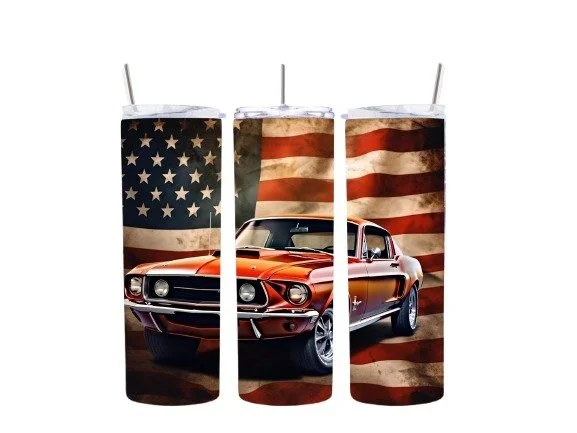 Celebrate American pride with this stainless steel traveling mug featuring the American flag and a Mustang car. Durable, insulated, and perfect for car enthusiasts and patriots!