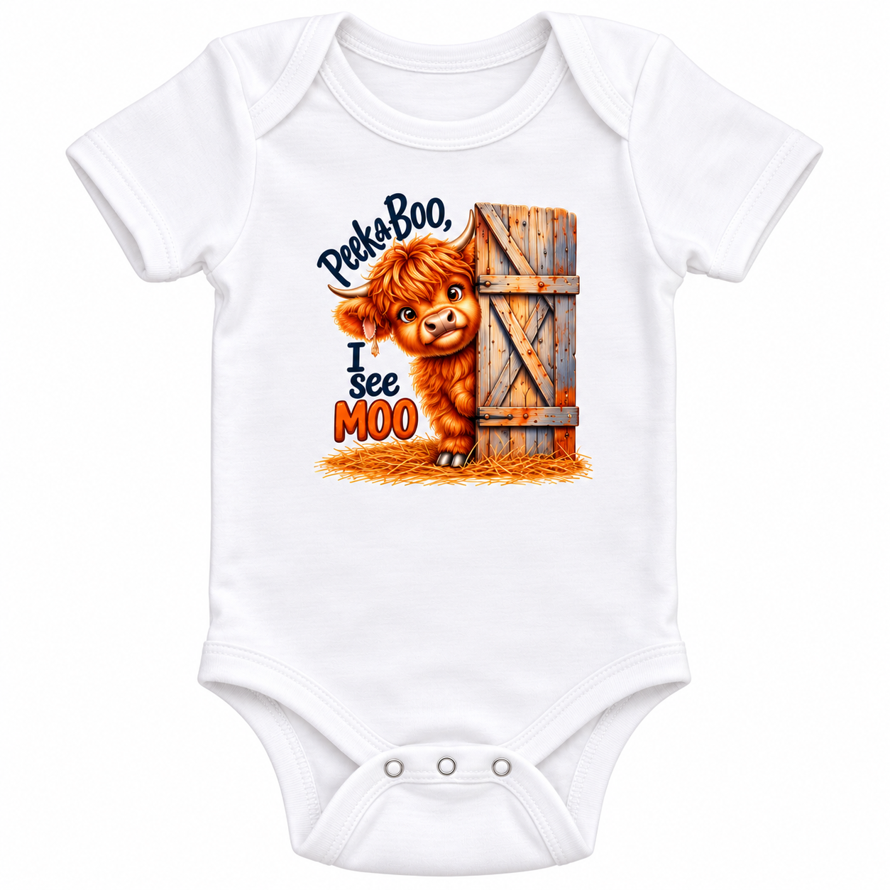 White Gerber baby Onesie® featuring a Peekaboo I See MOO Highland cow design with a fluffy calf peeking from a wooden barn door
