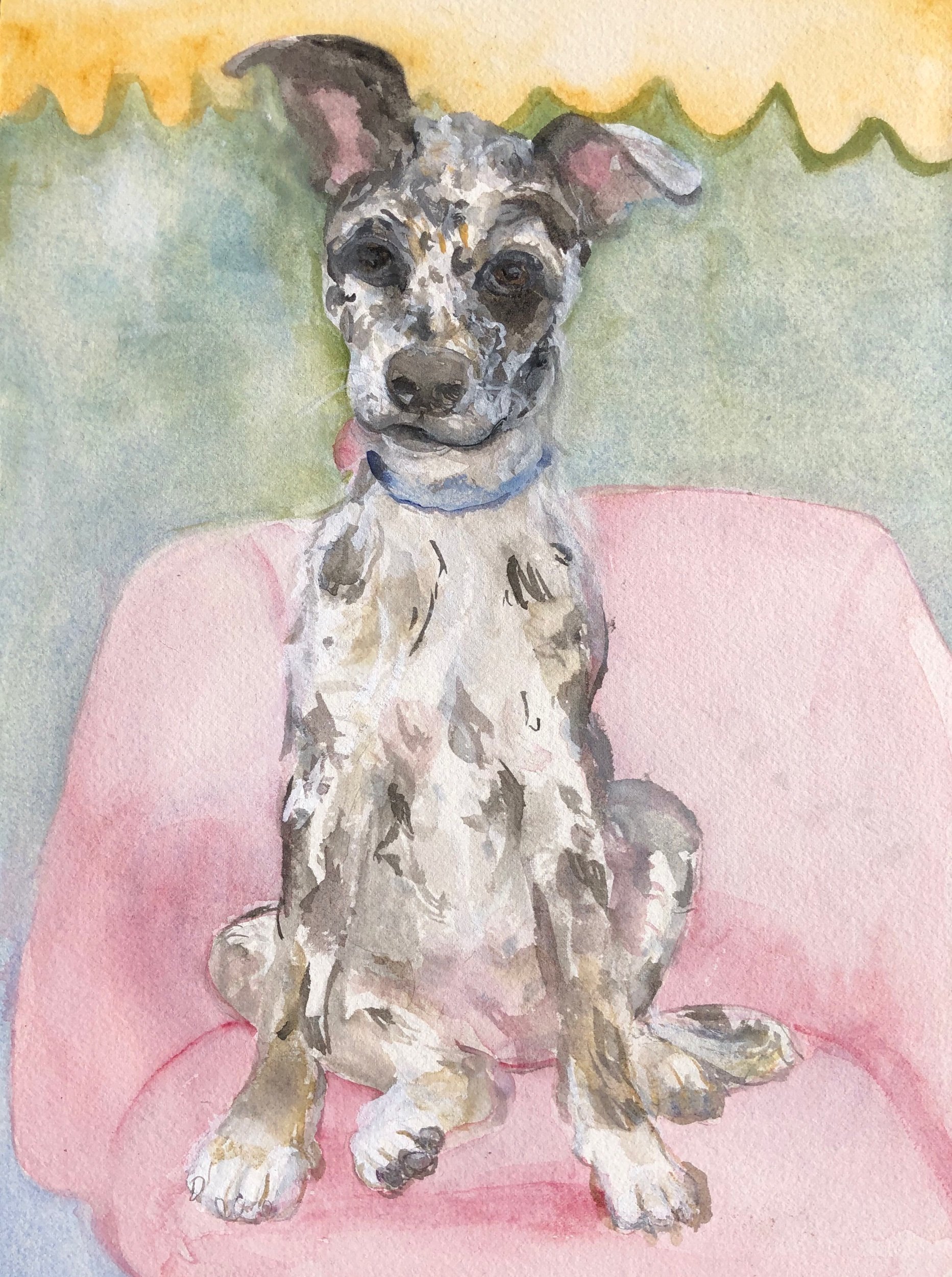 Pet portrait of a young pup. Watercolor, gouache and ink on watercolor panel 9”x12”