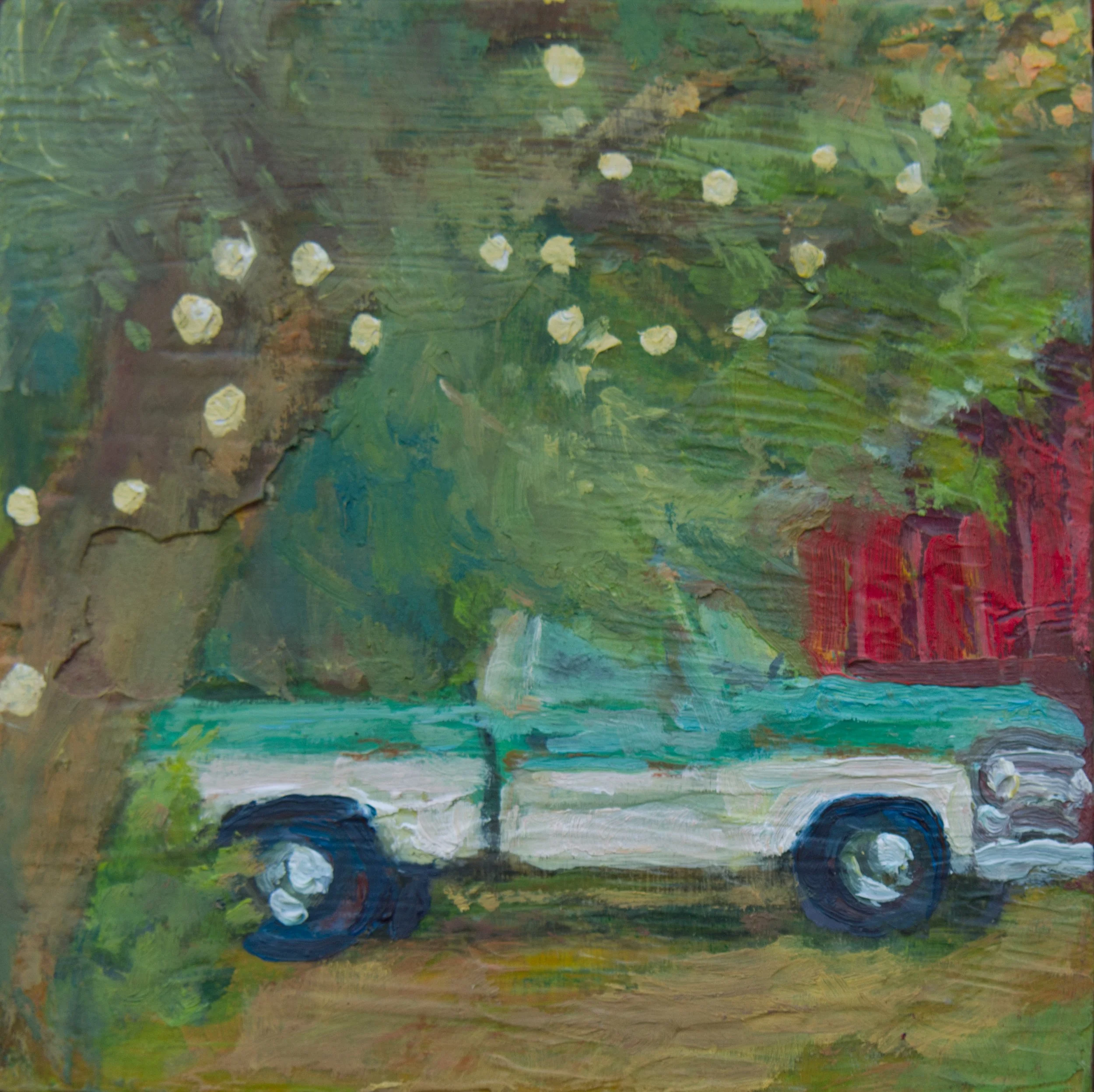 "Sunset Chevy", oil and acrylic on cradled panel, 4"x4", private collection