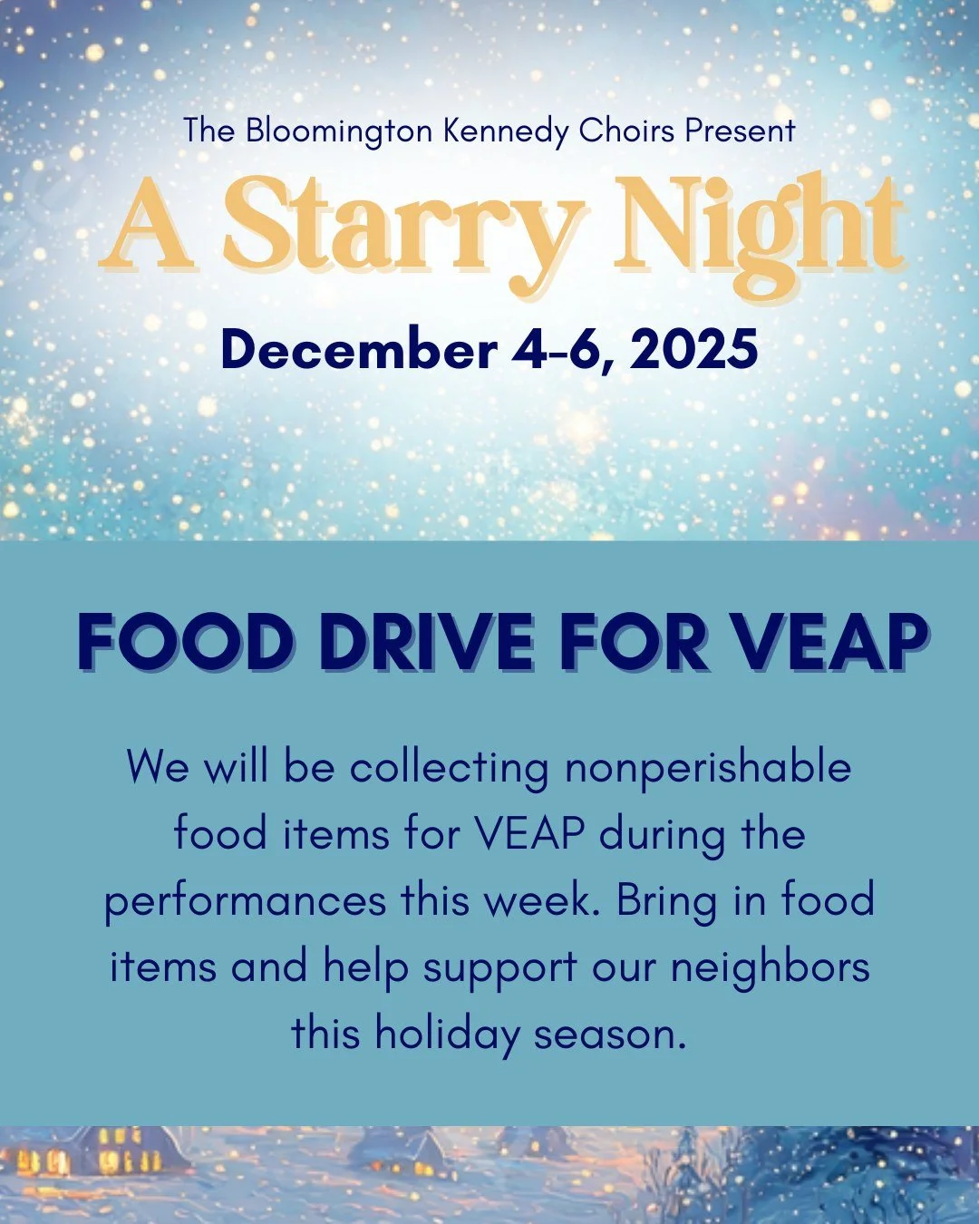 This weekend, we will be collecting food items for our local food shelf, VEAP. Bring any nonperishable food items to any of the performances to help make sure our neighbors have access to food this holiday season. 

Shows begin Thursday at 7 pm!