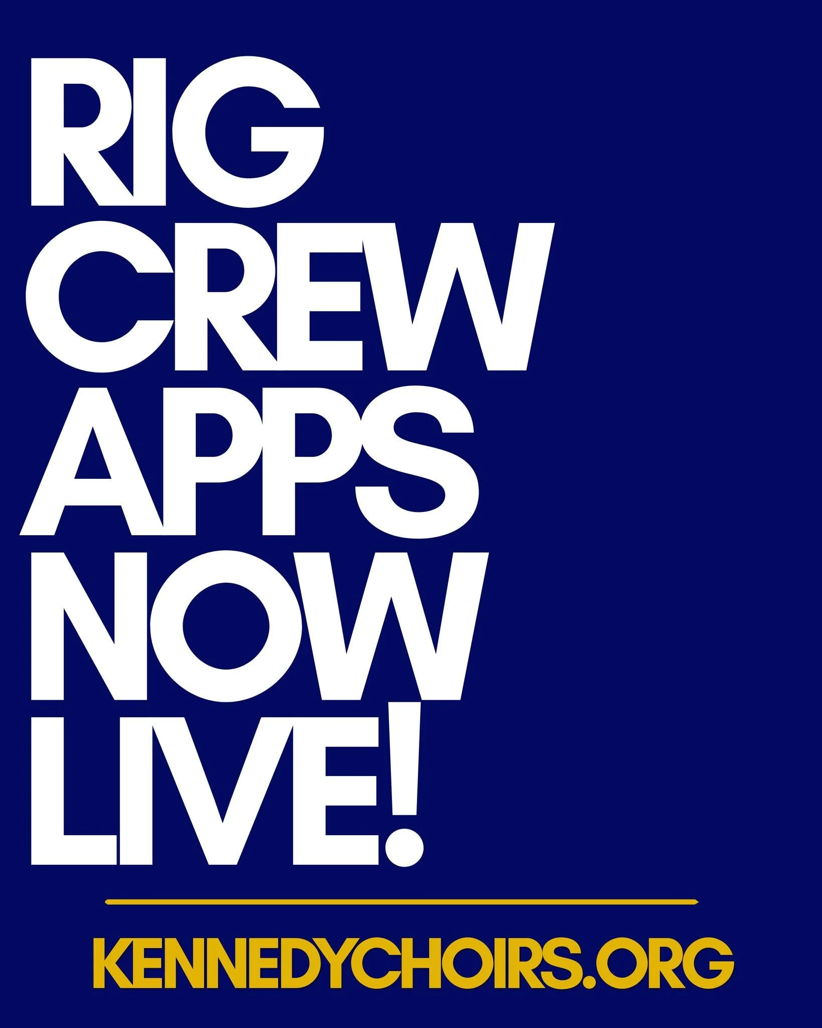 RIG Crew applications are LIVE! Join us for another incredible year of show choir. 

Apps are due May 5th. Visit kennedychoirs.org to learn more.