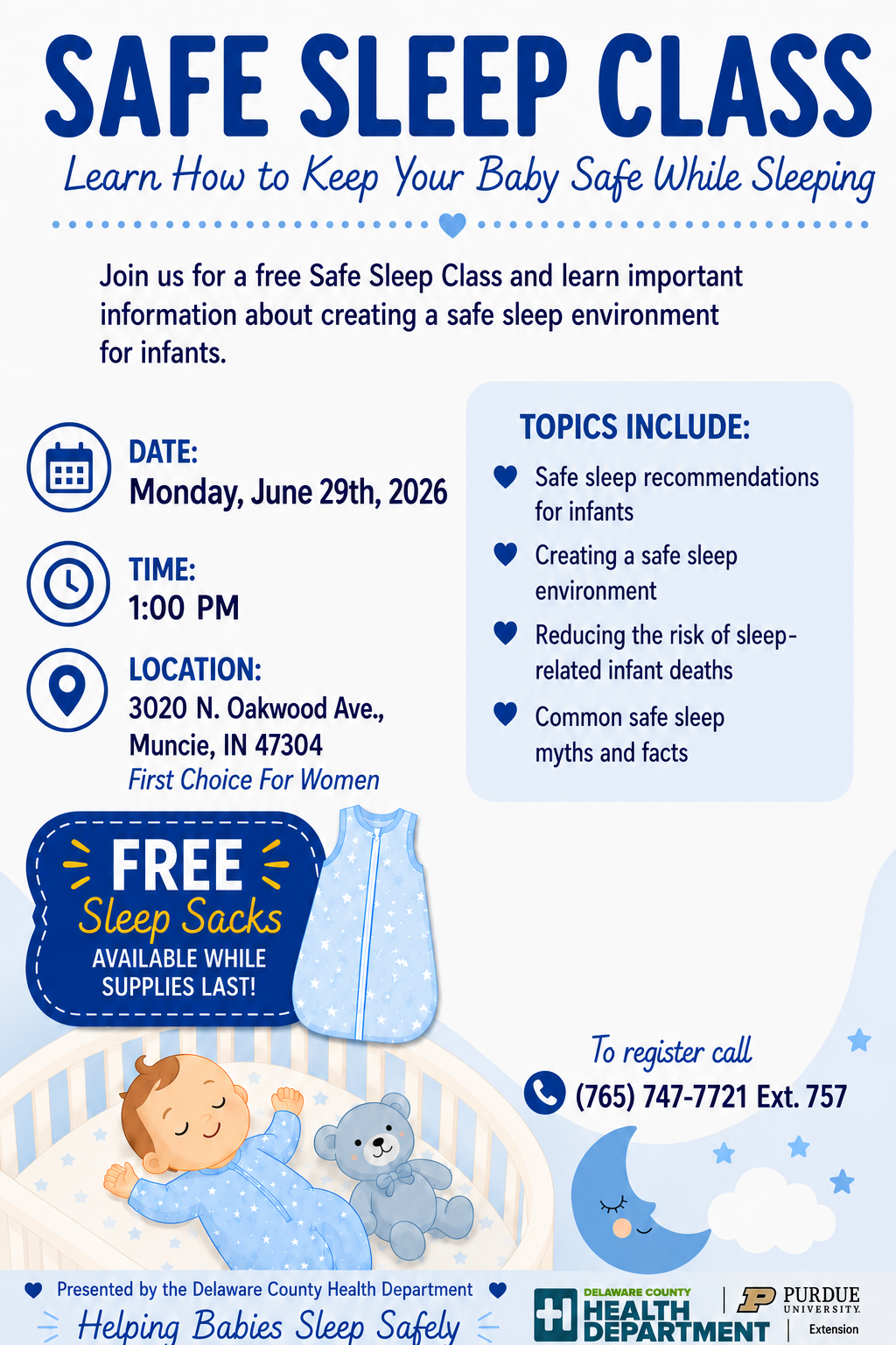 Safe Sleep Class Flyer with details about the event