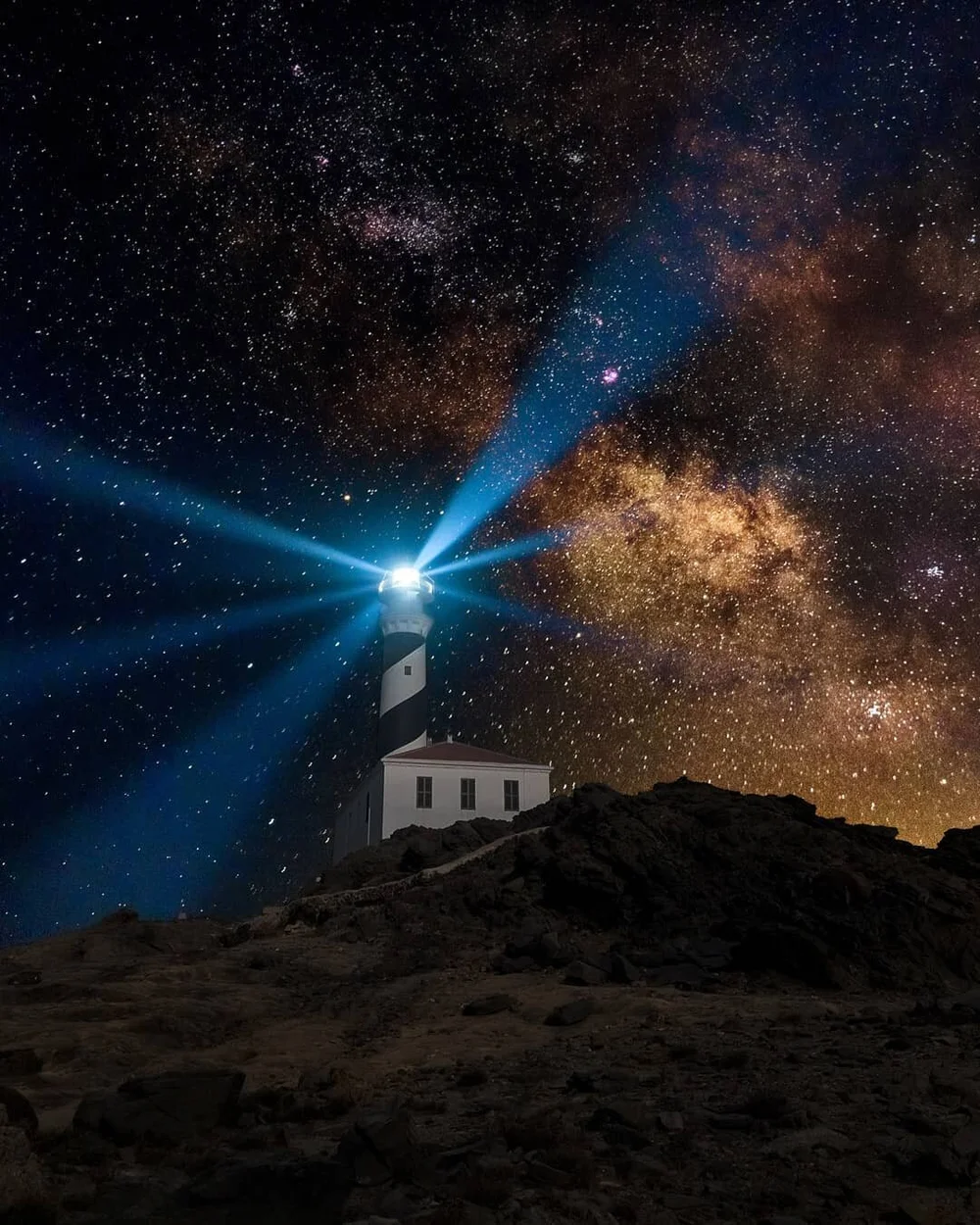 Composite of three diferent exposures, one for the milkyway, another for the foreground and the last one for the light trails of the lighthouse. Two different focal lengths to show the milkway really big. The data and edit its on the slides. Leave a 