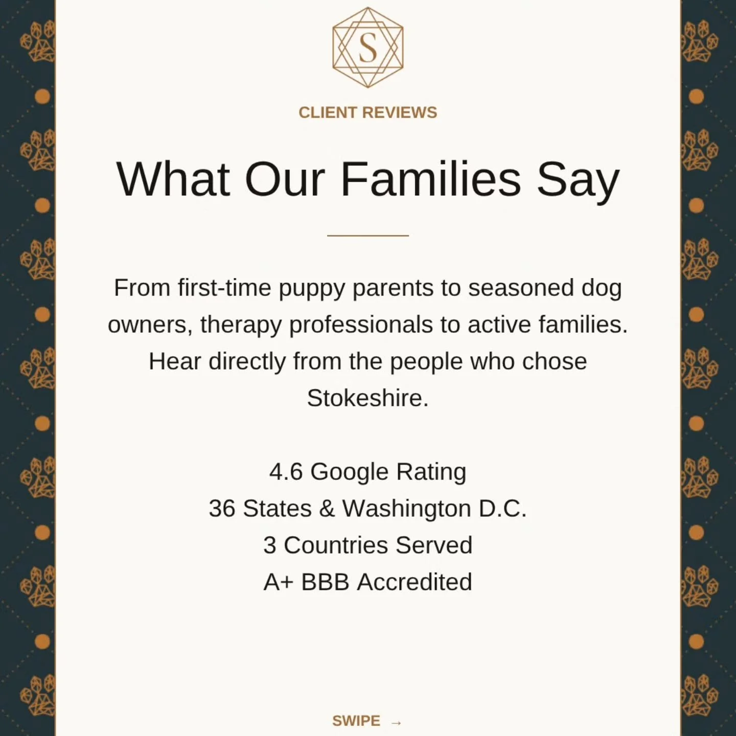 First-time puppy parents. Repeat families. Therapy teams. Canoe campers in the Boundary Waters.
Here's what Stokeshire families say, in their own words. Swipe through, then read every review at the link in bio.

36 states and Washington D.C. &middot;