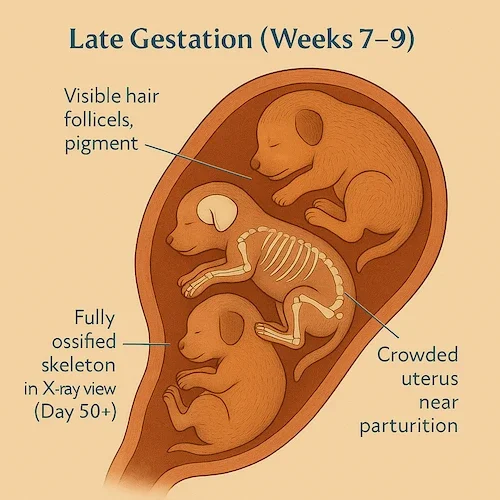 Late gestation period for pregnant dogs showing growth and changes by week.