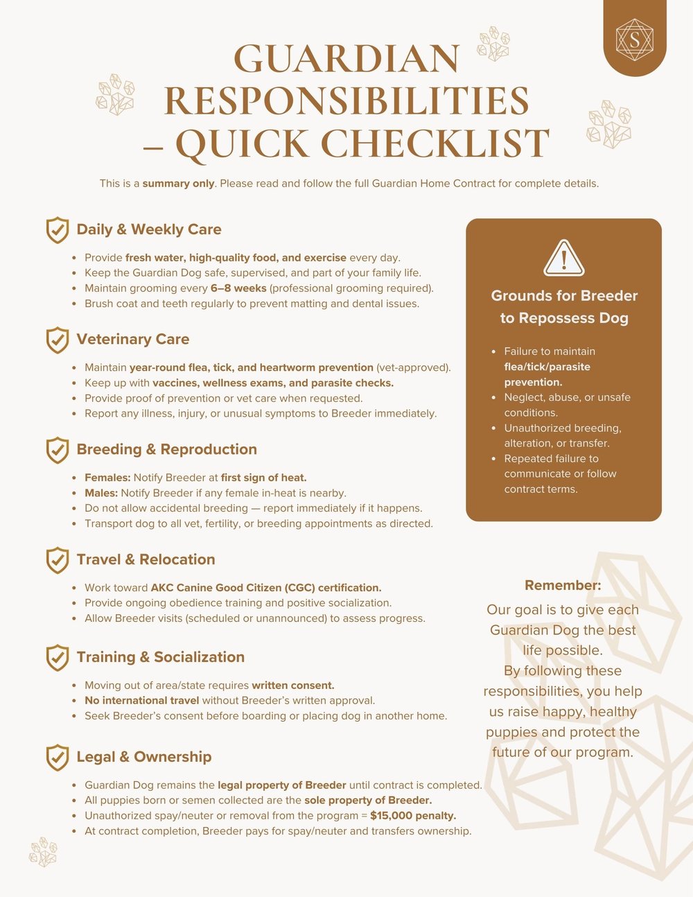 Stokeshire Guardian Responsibilities Quick Checklist