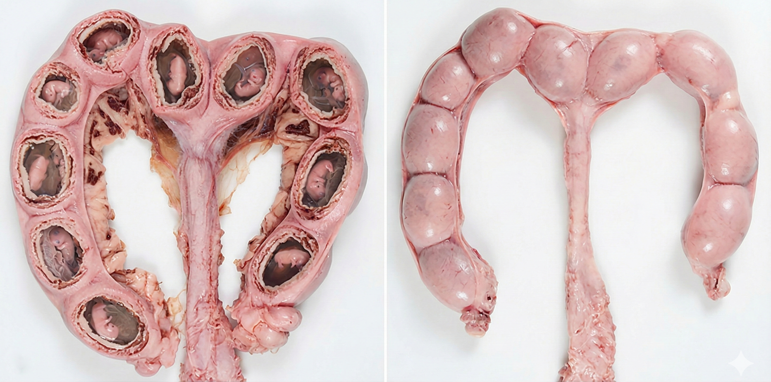 Side-by-side comparison of a pregnant canine uterus: (A) Dissected uterine horns revealing developing fetuses inside placental sacs; (B) Intact uterus showing the characteristic segmented shape of multiple pregnancies."